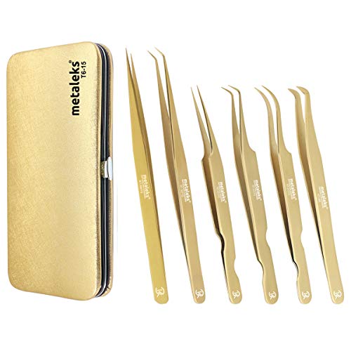 Metaleks Conjunto de 6 pinças de extensão de cílios feitos de aço inoxidável japonês em kit magnétic