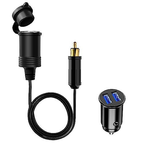 90cm Enchufe DIN Macho Adaptador de Mechero Europeo al Toma del Encendedor de Cigarrillos Cable de Extensión Impermeable para Moto,12V/24V Mini Encendedor de Cigarrillos Cargador USB Dual de Coche