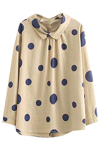 Minibee Womens Long Sleeve Blouses Button Down Shirt Dot Cotton Linen Tops-XL Beige