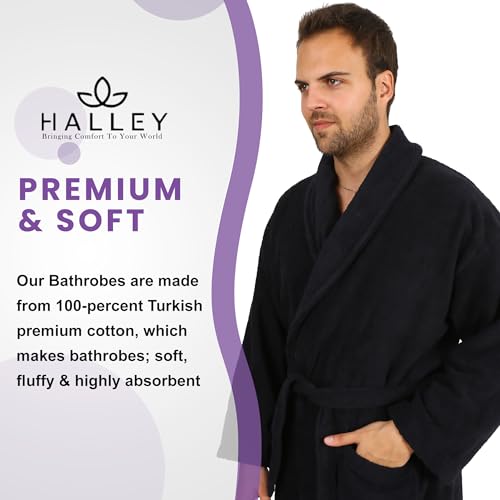 Image of HALLEY Luxury Bathrobe for Women & Men, Shawl Collar Spa Bath Robes Terry Cotton Ultra Soft Shower Robe with Pockets - Black