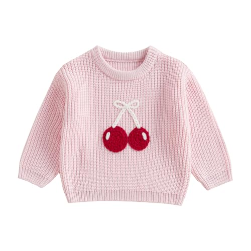 Toddler Baby Girl Embroidery Cherry Sweaters Crew Neck Jumpers Spring Casual Long Sleeve Knitted Pullover Tops