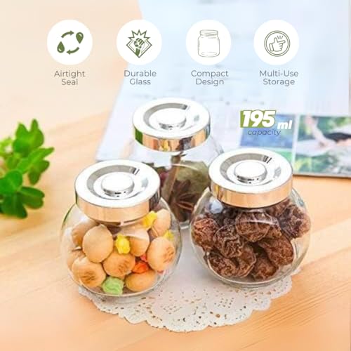 Image of Yera Spice Glass Jars with Durable Metallic Lids | for Kitchen Pantry, Snacks, Masala, Honey, Jams, Pickles, Cookies, Dry Fruits Storage | 195 ml, Set Of 12, Transparent Clear Glass-White