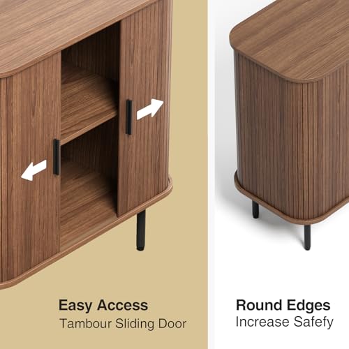 FiveWillowise 31\'\'W Walnut Buffet Sideboard Cabinet with Storage, Fluted Accent Storage Cabinet with Curvy Edge, Sliding Door, Freestanding Credenza, Console Table for Living Room, Kitchen, Hallway