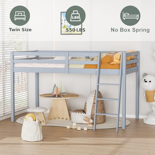 Bonnlo Low Loft Bed Twin Size with Inclined Stairs, Junior Loft Bed with High Guard Rail for Kids/Young Teens/Adults, Solid Wood Low Bunk Bed Twin Size Gray, No Box Spring Required - Thumbnail 3