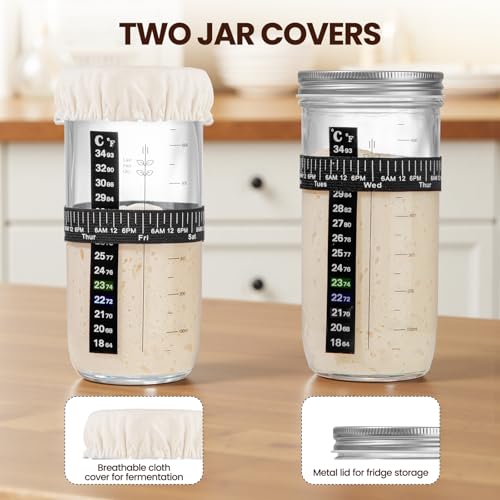 Thyme Space Sauerteig-Starter-Set, 730ml Sauerteig-Starter-Set mit Holzdeckel und Stoffabdeckung, Datumsmarkierung, Thermometerband, Sauerteigbehälter für die Herstellung von Brot
