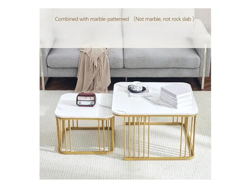 Image of Square Nesting Table Set of 2 for Living Room, Room Decoration Item for Bedroom, Coffee & Side Table with Marble MDF White Top and Iron Base (White Gold)
