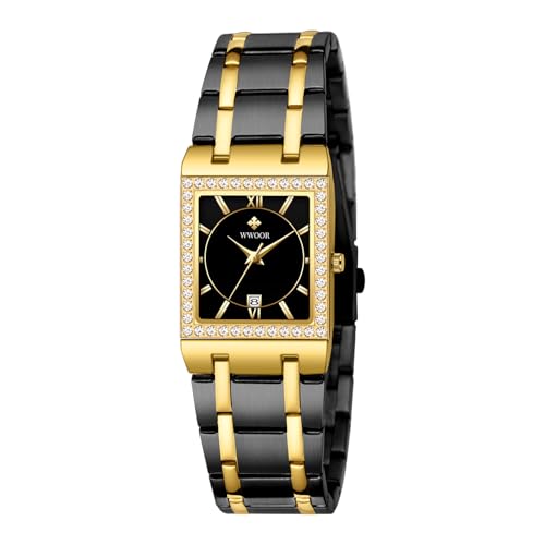 WWOOR Womens Watches for Small Wrists Stainless Steel Luxury Square Danity Gold Black Watches for Women with Date Waterproof Ladies Watches Elegant Dress Quartz Women's Wrist Watches Reloj para Mujer