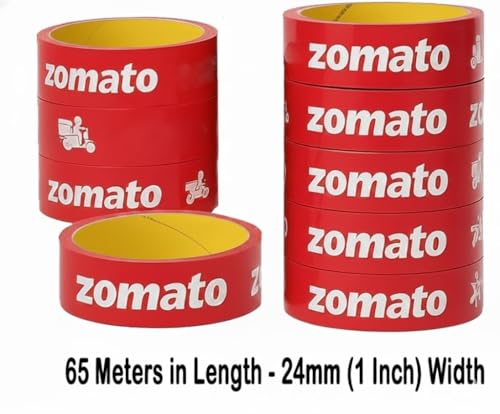 Image of Zomato Printed Packaging Tape - 65 Meters in Length - 24mm (1 Inch) Width- 6 Roll Per Pack- High Strength Adhesive Shipping Tape for Carton Sealing, Courier & Parcel Packing