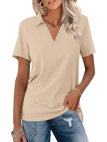 TICTICMISS Polo à manches courtes et col en V pour femme - Hauts d'été décontractés et décontractés, kaki, Taille M