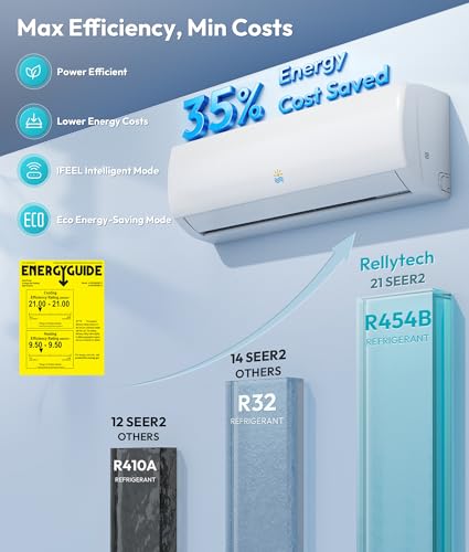 Image of Rellytech Mini Split AC Heating System, 18000 BTU 21 SEER2 208V /230V Heat Pump Ductless Air Conditioner, Pre-charged Inverter Split Unit with Wifi Control, Cools Up to 1250 Sq.Ft, White