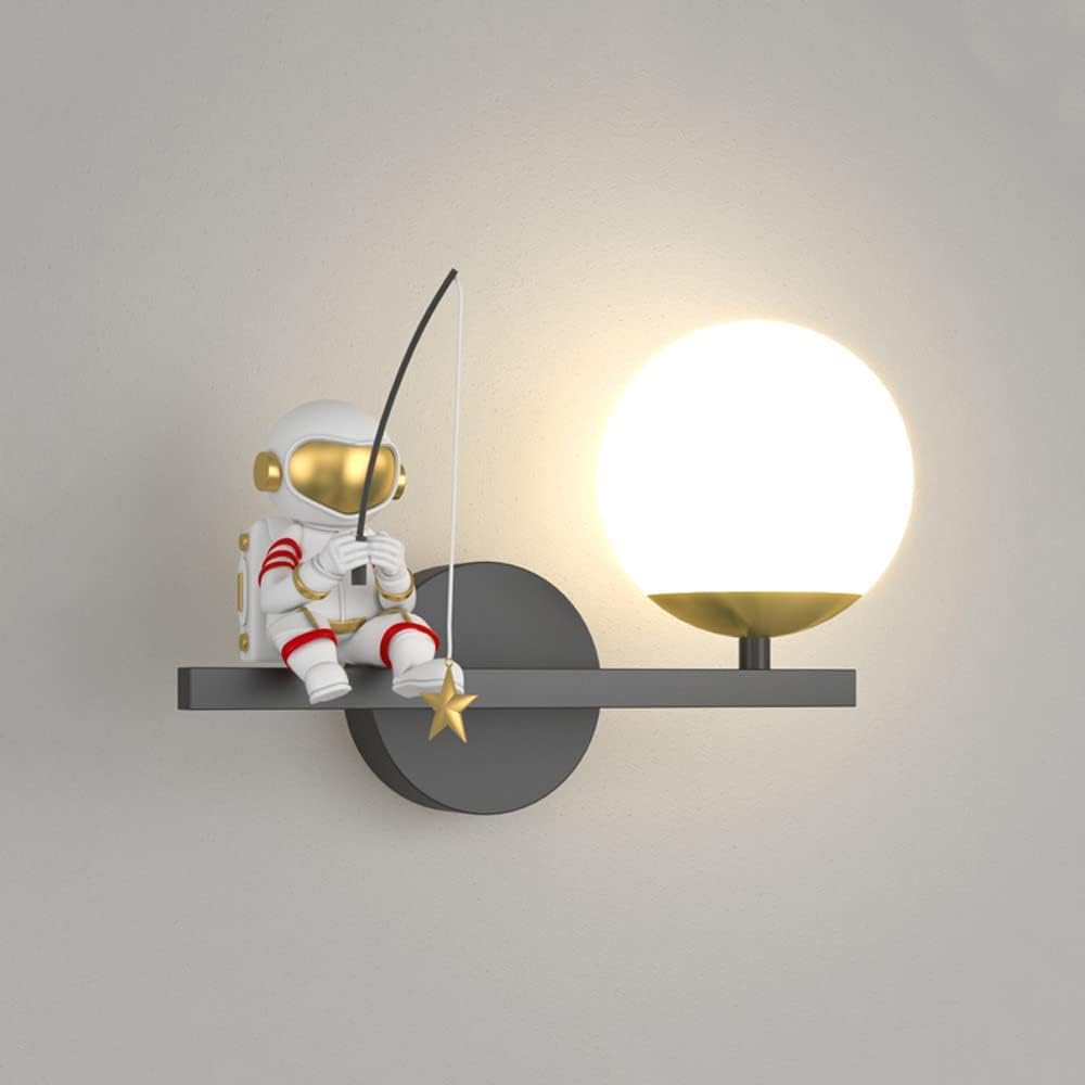 Cartoon Astronaut Sconce Wall Lighting Fixture, Wall Mount Lights for Children's Room and Girls Boys Bedroom - Headboard Lamp with Globe Acrylic Shade,5W,3-Color Mode (Black)