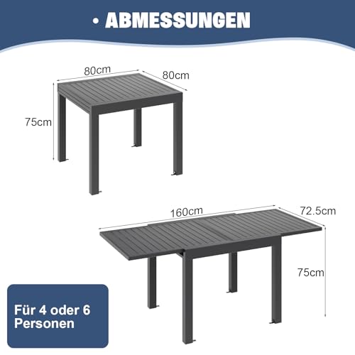 Devoko Mesa De Jardín Extensible,80 X 80 X 75 Cm,Mesa Exterior Extensible Aluminio,Muebles De Jardín para Balcones Y Terrazas, Se Extiende hasta 160 Cm, Gris Oscuro - imagen 3