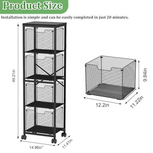 Sbanmao 4 Drawers File Cabinet, Vertical Filing Cabinets, Rolling File Cart, Hanging File Folder Organizer with Wheels, Mobile Printer Stand Utility Craft Cart for Home Office,Black