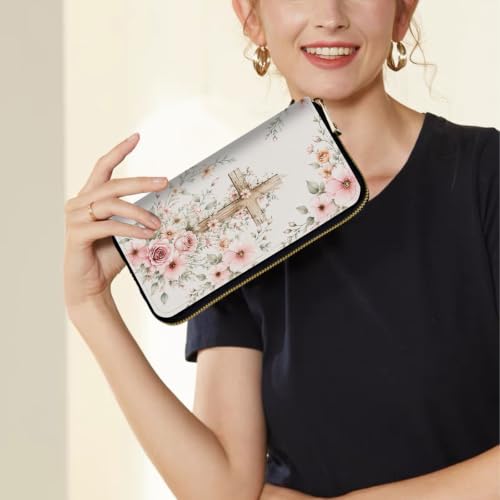 Image of Women's Wallets Credit Card Holder Money Leather Long Wallet | Long wallet with Wristlet,Large Capacity with Zip-Around Phone Purse for Women Ladies Girls,Pink Floral Cross Christian