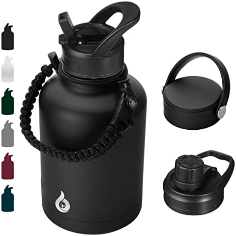 BJPKPK Insulated Water Bottles with Straw Lid,50oz Large Water Bottle,Stainless Steel Vacuum Water Bottle,Hot & Cold Insulated Water Bottles with 3 Lids and Paracord Handle, Black