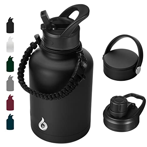 Bjpkpk Insulated Water Bottles With Straw Lid,50Oz Large Water Bottle,Stainless Steel Vacuum Water Bottle,Hot & Cold Insulated Water Bottles With 3 Lids And Paracord Handle, Black #TOP29