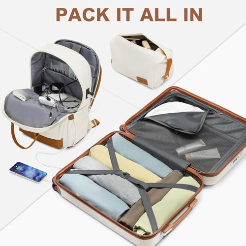Kono Airline Approved Suitcase Set 3 Piece Luggage Set Lightweight Carry On Travel Luggage, TSA Lock Spinner Wheels Hardshell (Cream/Brown, 3 piece set (BP/TB/20)) - Thumbnail 5