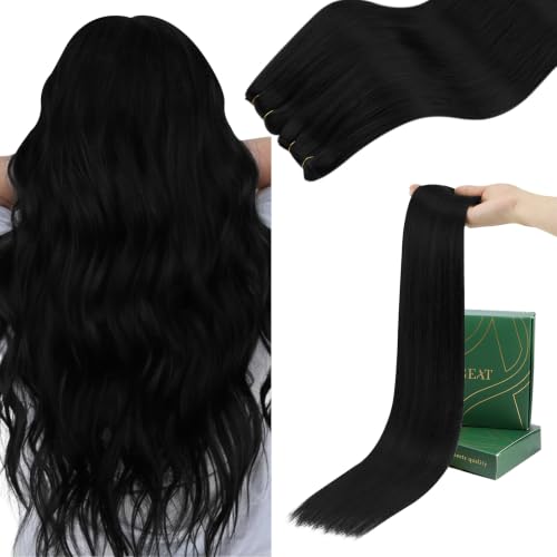Ugeat Black Weft Hair Extensions Human Hair, Medium Length, 18 Inch 100G