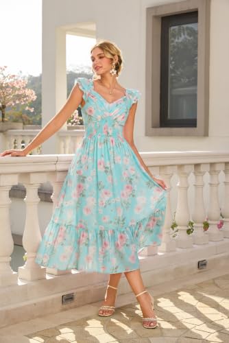 Image of GRACE KARIN Women's Summer Floral Maxi Dress 2026 Ruffle Sleeve Smocked Sundress Flowy Wedding Guest Long Dresses with Pocket