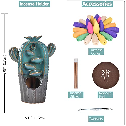 Cactus Backflow Incense Burner - Ceramic Incense Holders Waterfall With 20 Backflow Incense Cones And 30 Incense Sticks For Home Office Yoga Aromatherapy Ornament Home Decoration #TOP2