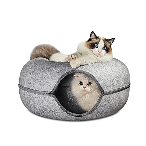 猫用ベッド キャットハウス ドーナツキャットトンネル 取り外して洗える猫用ベッ 小型犬に適したベッド 屋内用猫トンネル (ライトグレー,M)