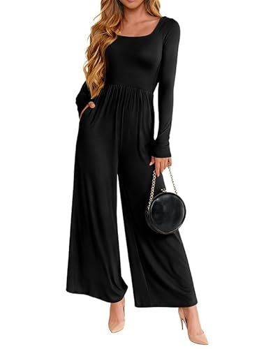 Sukiglam Damen Jumpsuit Langarm Quadratischer Hals Overall Elegant Hohe Taille Weites Bein Romper mit Taschen Lässig Lan...