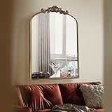 OUSHUAI Gold Brass Mirror for Wall,Gold Traditional Vintage Ornate Baroque Mirrors,Victorian Antique Bronze Mirrors with Full Matel Frame,Arched Mirror for Entryway/Bathroom/Fireplace 24'X36'