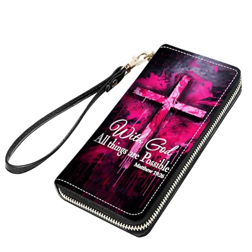 stmedazm Holy Cross Quote Bible Verse Matthew 19:26 Print Women Large Capacity PU Leather Zip Around Wallet, Multifunctional Clutch Purse for Cash/Card/Coin/Smart Phone