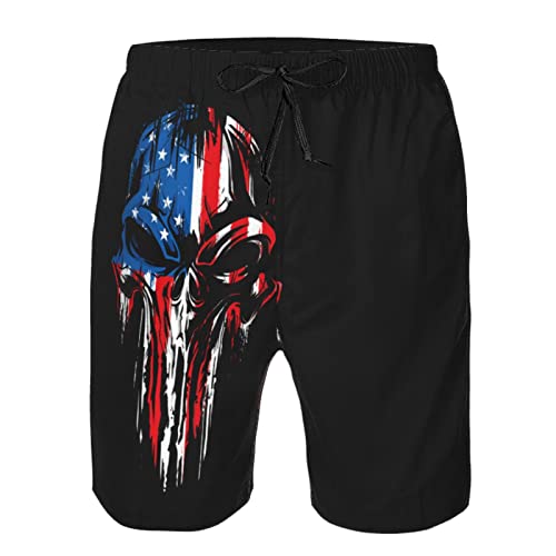 Wzomt Men's Skull American Flag Swim Trunks Cool Patriotic Melted Skull With Usa Flag On Black Beach Shorts Quick Dry Surf Board Shorts Casual Funny Novelty Swimwear Bathing Suits With Pockets L #TOP3