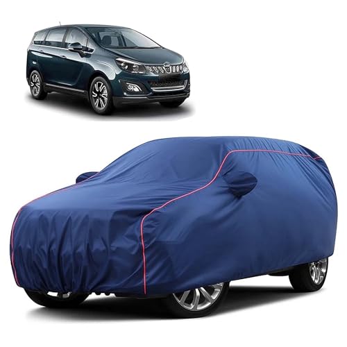 Image of Sulfar 100% Water Resistant Car Body Cover Compatible with Mirror for Mahindra Marazzo (Triple Stitched, Full Bottom Elastic, Blue Taffeta with Red Piping)