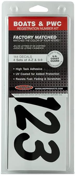 Hardline Products USA Series 400 Factory Matched 3-Inch Boat Registration Numbers & Letters Kit, Solid Black Decals, Marine Grade Vinyl, USCG Compliant, Fits Boats, PWC & Jet Skis, 4 Sets A-Z 0-9