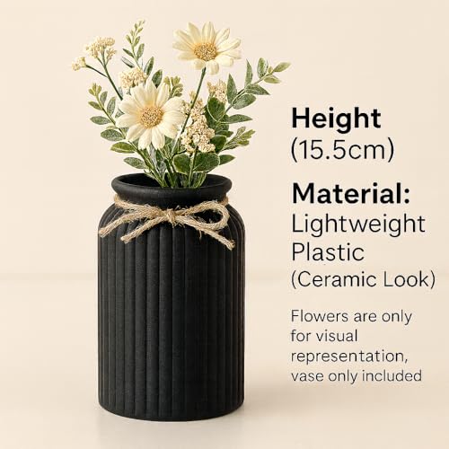 Image of Plastic Ribbed Decorative Vase with Jute Rope Top | Ceramic Look, Unbreakable Flower Pot for Centre Table, Balcony & Living Room Decor | Only Vase (No Flower) (Black)