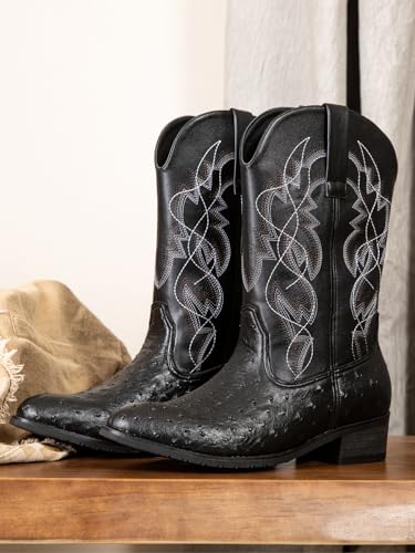 Image of Western cowboy boots, ostrich leather, embroidered design, brown, mid-calf, men's antique ostrich embossed exotic western boots round head.