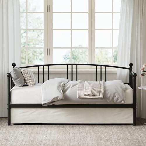 GarveeHome Twin Daybed, Sturdy Metal Day Bed with Steel Slat Support, Arched Headboard Sofa Bed for Living Room, Bedroom and Guest Room, Black, Black-