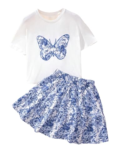 Image of SHENHE Girl's Floral Ruffle Skirt Outfits Embroider Butterfly Short Sleeve T Shirt Top and Skirt Set Blue White 12 Years