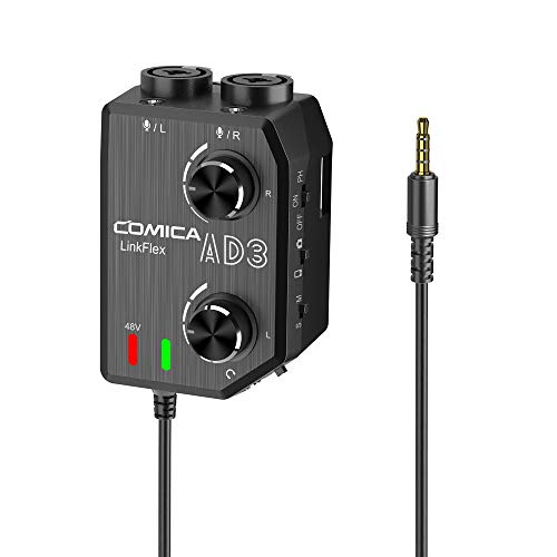 Comica LINKFLEX AD3 Microphone Amplifier Adapter XLR 3.5mm 6.35mm-3.5mm Microphone Preamp Adapter with 2-channels 48V Phantom Power Mixer for iPhone iPad Android Smartphones,Camcorders,DSLR Cameras