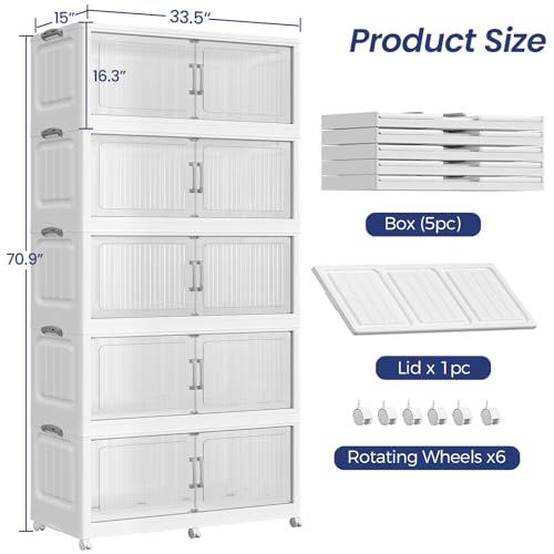 QAVABIN 250Gal Extra Large Stackable Storage Bins with Lid, 1000QT Foldable Collapsible Storage Box with Doors and Wheels, Plastic Closet Organizers Container Drawer for Bedroom Kitchen Garage, 5Pack - Image 2