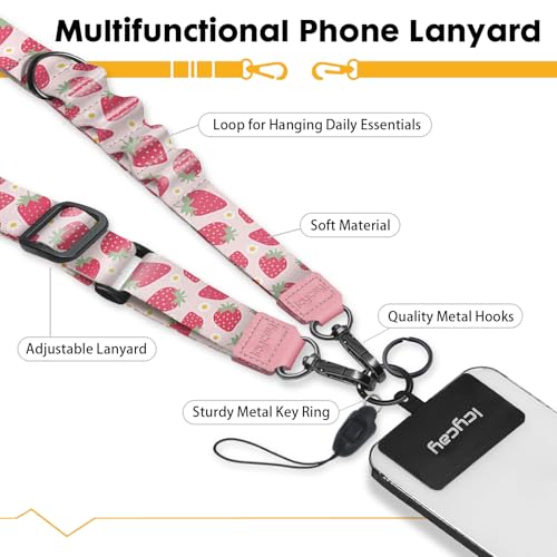 Image of Icycay Phone Lanyard Crossbody Strap Adjustable Teacher Women Strawberry | for Cell Phone Case Keys ID Badges, Anti Theft, Multifuctional, Neck Phone Holder, Travel Hiking Essential Accessories, Gifts
