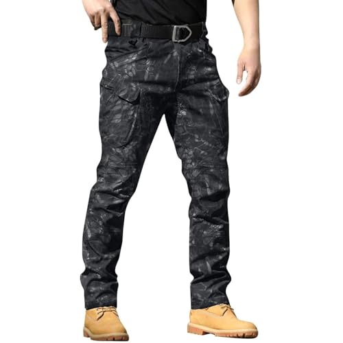 AMDOLE Mens Cargo Trousers UK Stretch Tactical Work Pants Multi-Pocket Elastic Waist for Hiking Outdoor Camping Casual Lightweight Durable Waterproof Trousers Black M