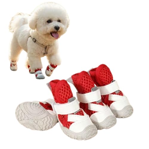Dog Shoes for Small Dogs, Hot Pavement Summer Puppy Dog Boots & Paw Protectors with Soft Anti-Slip Rubber Sole, Mesh Breathable Dog Booties for Hardfloors, Walking Running 4 Pack (red, 4) by YINWANBB - Used condition - US$21.16