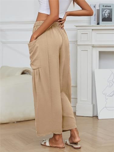 PAODIKUAI Women's Summer Wide Leg Pants Casual Loose Beach Drawstring Waist Palazzo Trousers with Pockets3