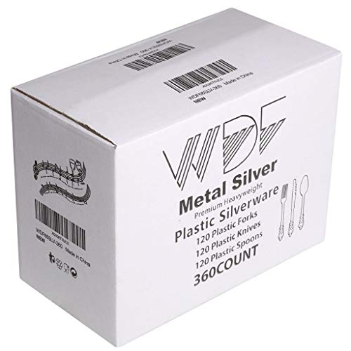 Wdf 360 Pieces Silver Plastic Silverware- Disposable Flatware - Heavyweight Plastic Cutlery- Includes 120 Forks, 120 Spoons, 120 Knives #TOP5