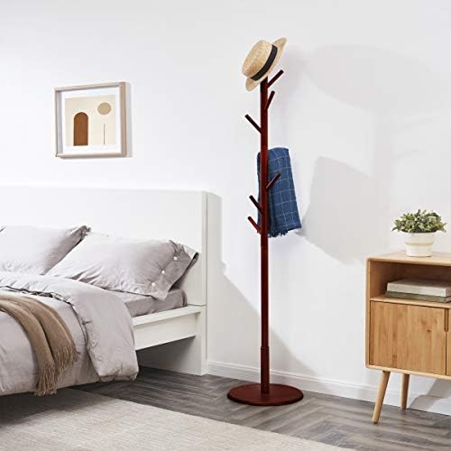 Wooden Coat Rack Hat Stand 8 Hooks Clothes Scarves Rack Hanger Storage Organizer Standing Hall Tree Honey