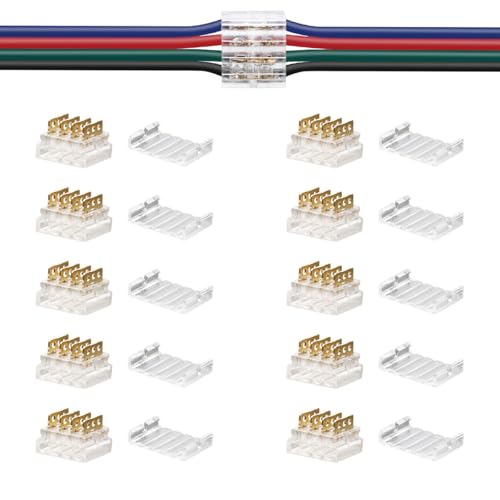 SLLHUT 4 Pin Low Voltage Wire Splice Connectors for 20 to 24 AWG RV LED Wire Extension Connection 10 Pcs Quick Solderless Stripless Plug in Wire Connectors with Transparent Caps (4-Pin Wire to Wire)