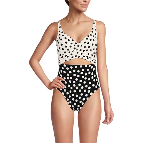 Lands' End Women's Wrap Monokini High Leg One Piece Swimsuit 12 Black/Egret Mixed Tossed Dots