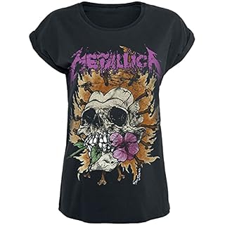 Générique Metallica Flower Skull Femme T-Shirt Manches Courtes Noir Regular/Coupe Standard - Les Beatles, Paul McCartney, John Lennon, RIngo Starr, George Harrison