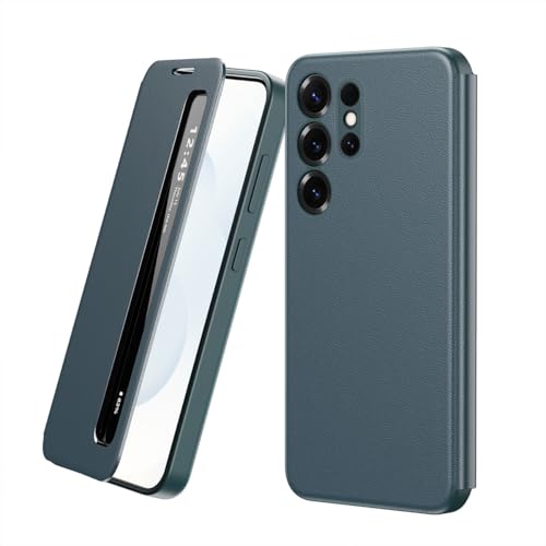 Étui Samsung S24 Ultra vert en cuir rigide avec rabat transparent