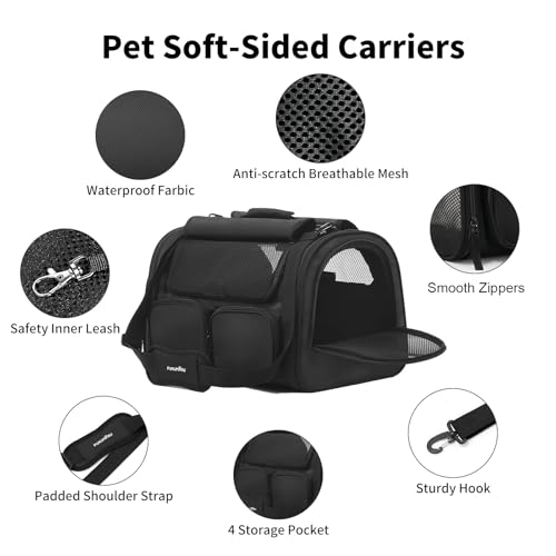 Image of FUKUMARU Cat Carrier, Soft-Sided Small Dog Carrier, Large Cat Travel Bag with 4 Mesh Windows, Airline Approved Pet Carrier with 4 Storage Pockets, Rollable Cover for Nervous Cats (Black)