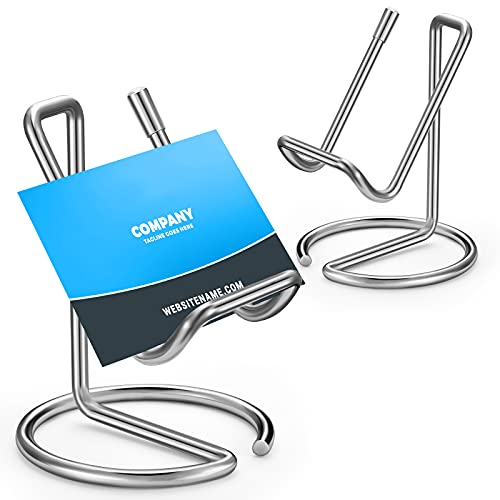 Outus 2 Pieces Metal Business Card Holder for Desk, Elegant Line Business Card Display Holder Stand, Office Desktop Business Name Card Organizer (Silver)