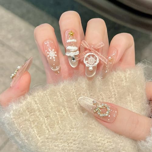 Liccom Press-On Nails Dulce Navidad - Uñas postizas navideñas con purpurina, cristales y diseño festivo, fácil aplicación, reutilizables (L, L de 29 mm a 34 mm, almendra)